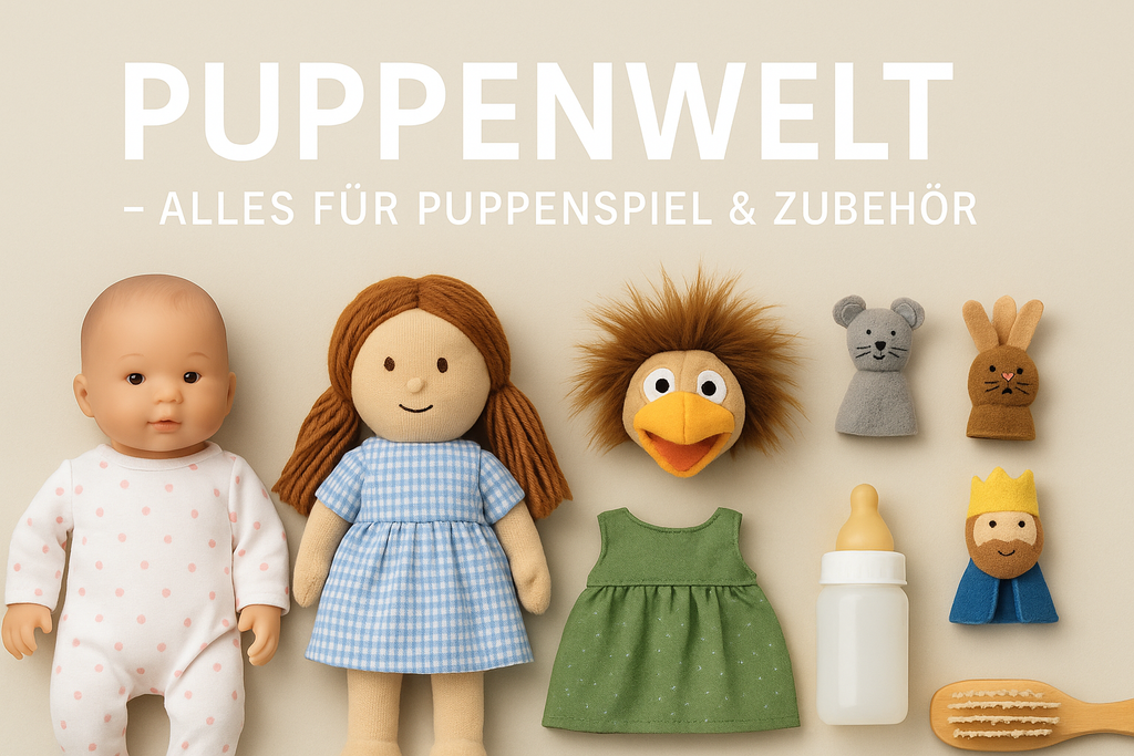 „Puppenwelt – Babypuppe, Stoffpuppe, Handpuppe, Fingerpuppen und Puppenzubehör wie Kleid, Babyflasche und Bürste auf hellem Hintergrund