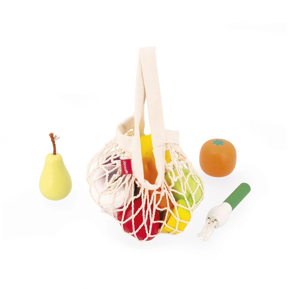 Holz-Obst- & Gemüse-Set mit 12 Teilen & Netz für Kinderküche