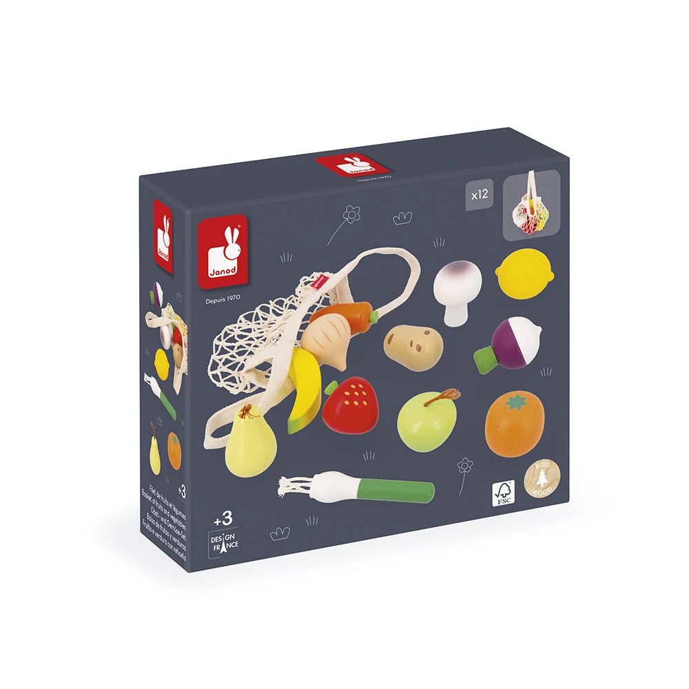 Holz-Obst- & Gemüse-Set mit 12 Teilen & Netz für Kinderküche