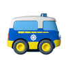 Seitenansicht des HABA Polizeibusses, blaues Design mit Polizeistern und Sirenen