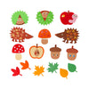 16 gebastelte Kastanienkumpel-Motive: Igel, Kastanienmännchen, Pilze, Eicheln, Blätter und Apfel aus buntem Papier