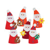 Sechs gebastelte Nikolaus-Figuren aus Papier, mit bunten Verzierungen auf weißem Hintergrund