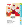 Vorderseite der Verpackung HABA Sachenmacher Erstes Kleben Nikoläuse, mit drei gestalteten Nikolaus-Figuren
