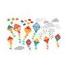 Bunte Drachen-Motive, Wolken, Herbstblätter und Regentropfen aus dem Bastelset Fensterbild Drachensteigen auf weißem Hintergrund