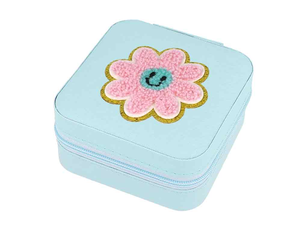 Schmuckbox Blume türkis Glitzer‑Patch PU Reiseaccessoire