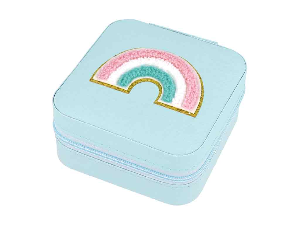Schmuckbox Regenbogen türkis Glitzer‑Patch kompakt