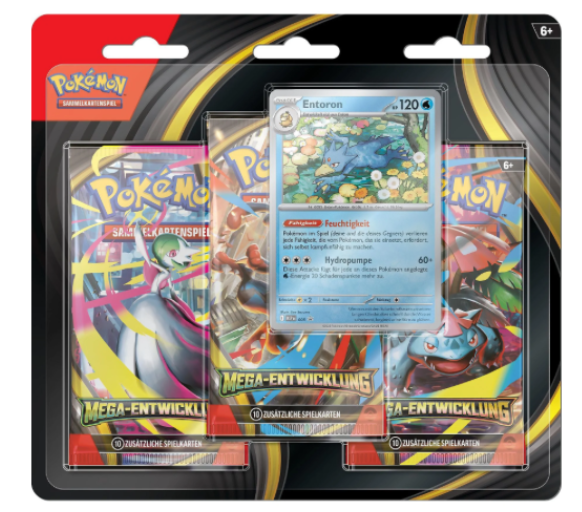 Pokémon Mega-Entwicklung 3-Pack Blister mit 3 Boostern und Promo-Karte Entoron – Sammelkartenspiel DE