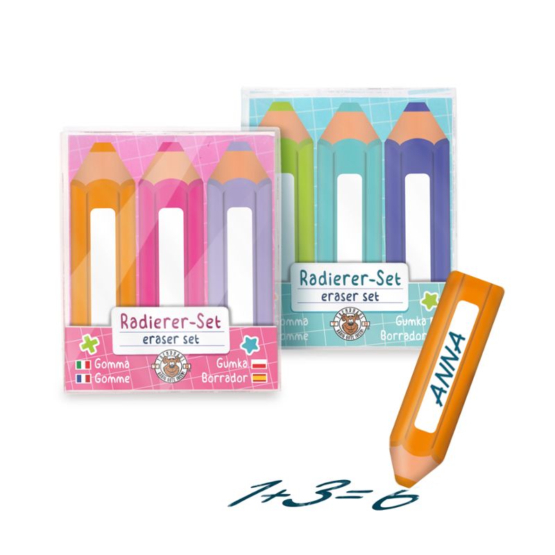 Trendhaus Radierstift‑Set 3er – radierfähige Stifthülle mit Namensfeld