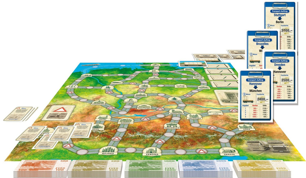 Auf Achse Familienspiel ab 8 Jahren mit Frachten, Trucks und Spielgeld