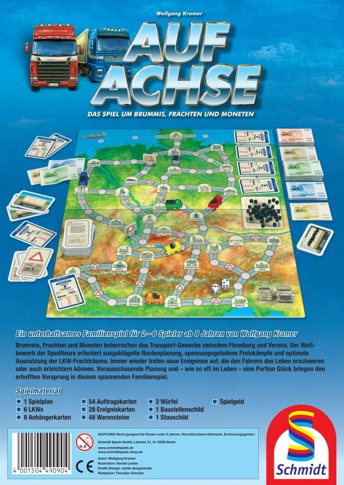 Auf Achse Familienspiel ab 8 Jahren mit Frachten, Trucks und Spielgeld
