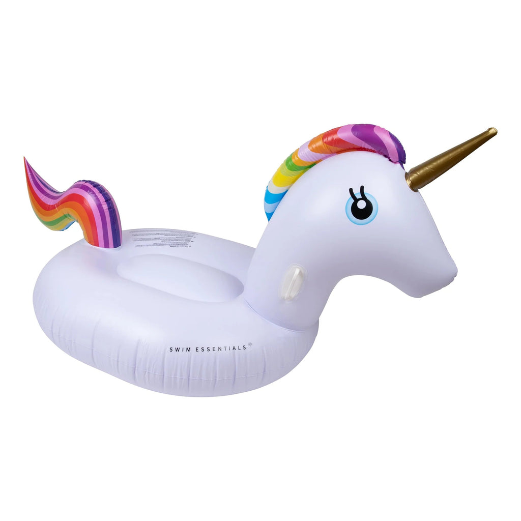 aufblasbares Einhorn XXL weiß mit Regenbogen-Details für Kinder ab 6 Jahren