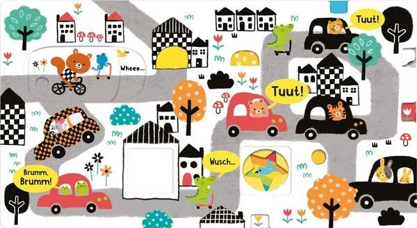 Interaktives Babybuch mit Gucklöchern und Stoffklappen ab 0 Monaten
