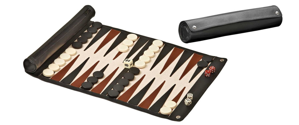 Reise-Backgammon mit aufrollbarem Kunstleder-Spielfeld, Spielsteine & Würfel
