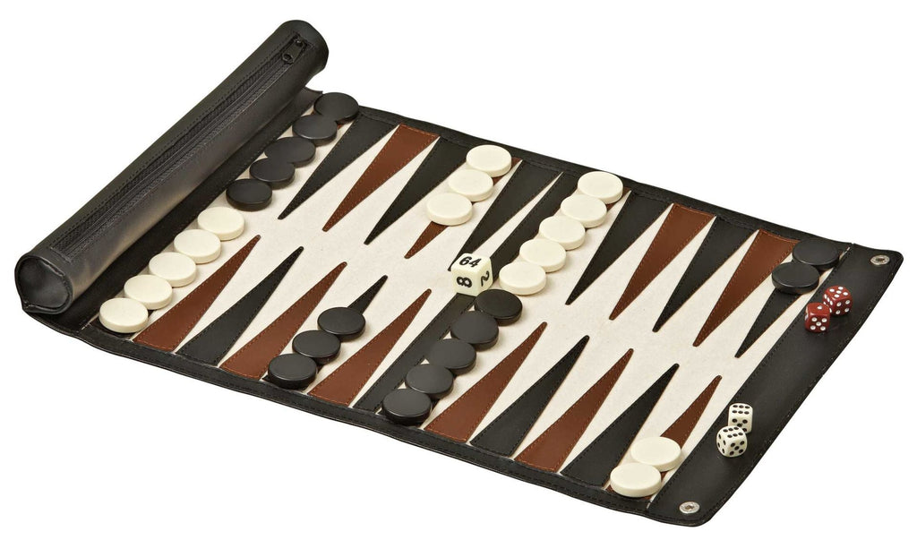 Reise-Backgammon mit aufrollbarem Kunstleder-Spielfeld, Spielsteine & Würfel