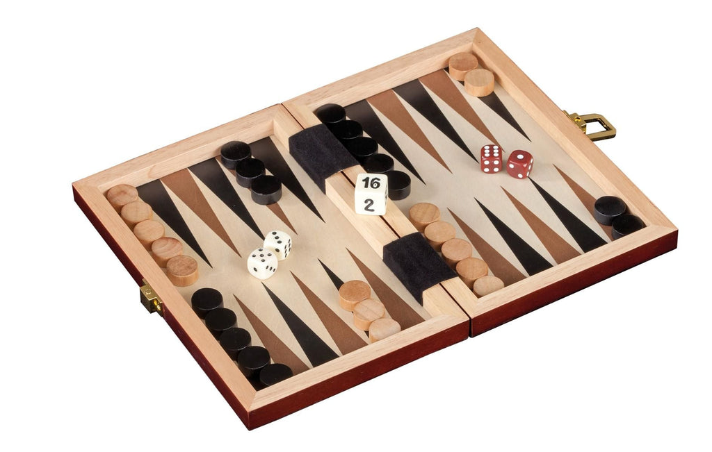 Mini Backgammon Saloniki aus Holz, Kassette mit Spielsteinen & Würfeln