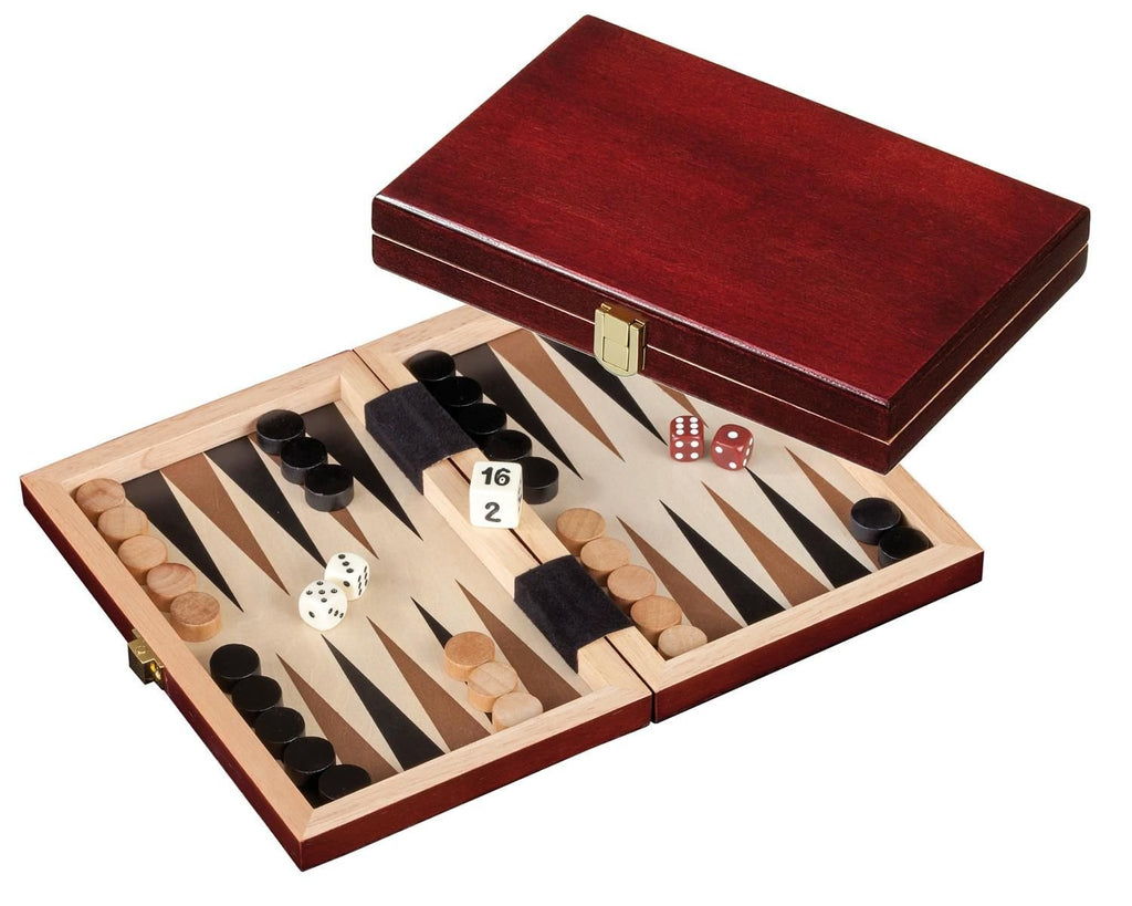 Mini Backgammon Saloniki aus Holz, Kassette mit Spielsteinen & Würfeln