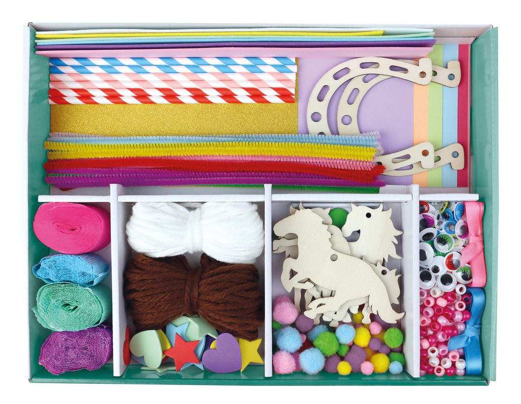 Bastelkoffer Pferde mit Papier, Moosgummi, Pompons und Strasssteinen für Bastelprojekte
