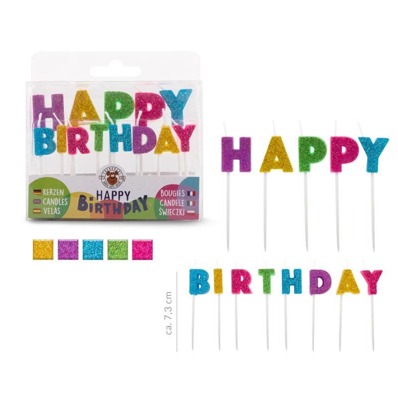 Trendhaus Happy Birthday Schriftzug-Kerzen mit Glitzer