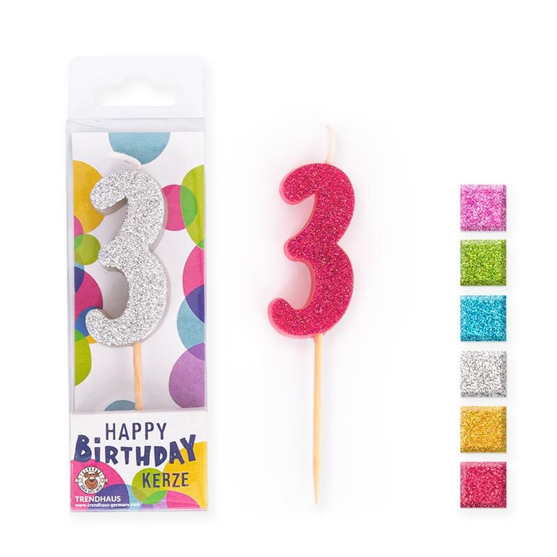 Glitzer-Zahlenkerze Mini 3 – buntes Highlight für Geburtstagskuchen