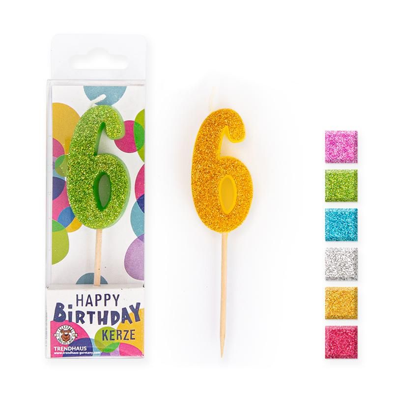 BIRTHDAY FUN Zahlenkerze Glitter Mini 6, 6 - fach sortiert - Trendhaus