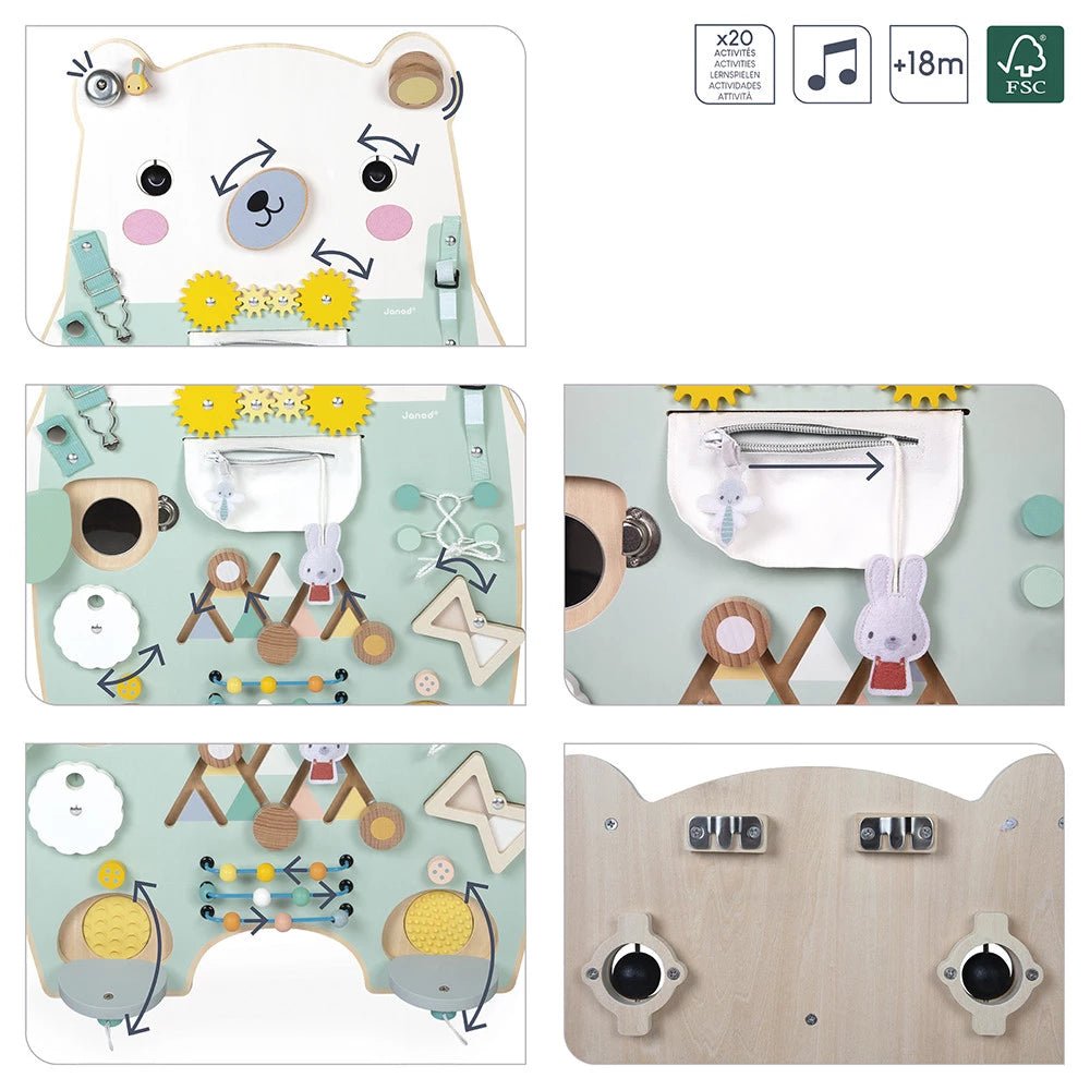 Holz-Busy‑Board Bär mit 20+ Spielen zur Förderung von Motorik & Tastsinn