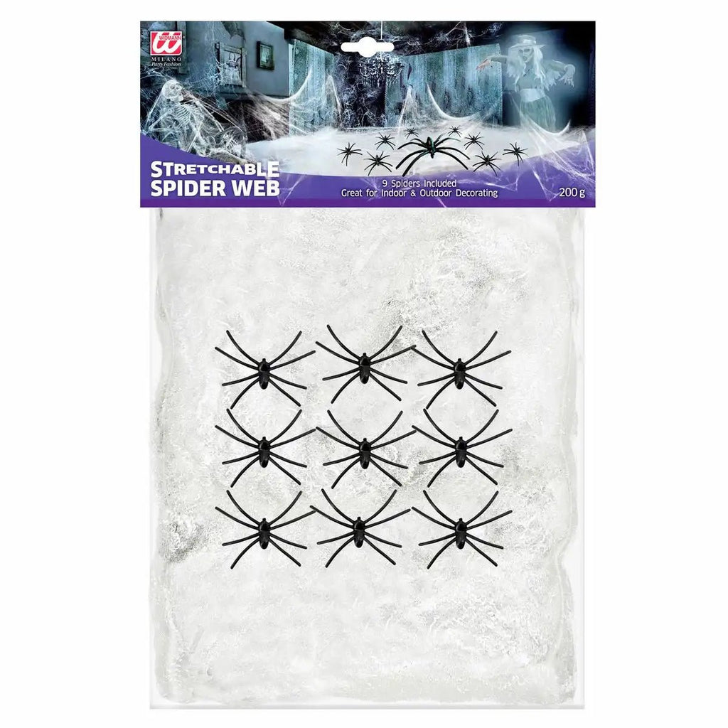 Widmann Spinnennetz dehnbar 200 g weiß mit 9 Spinnen
