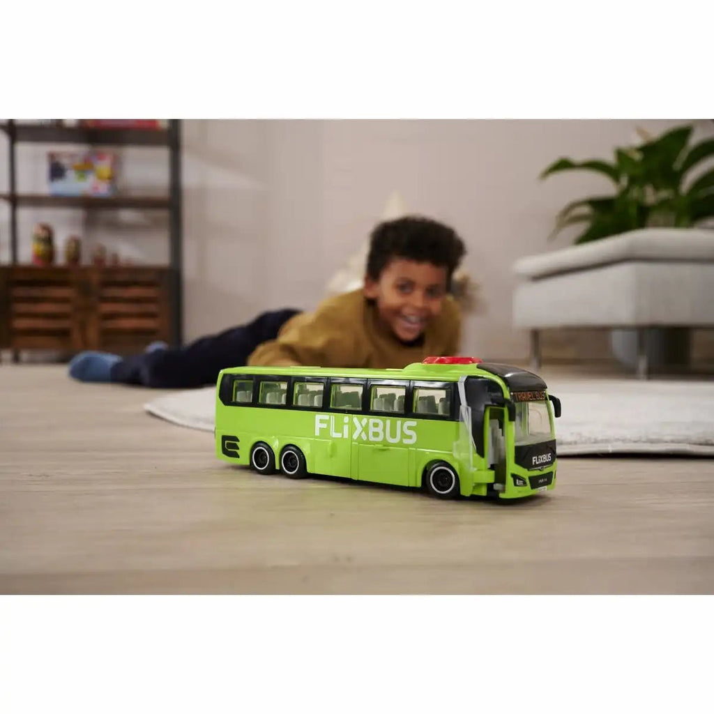 Spielzeugbus im Flixbus Design mit Türen zum Öffnen