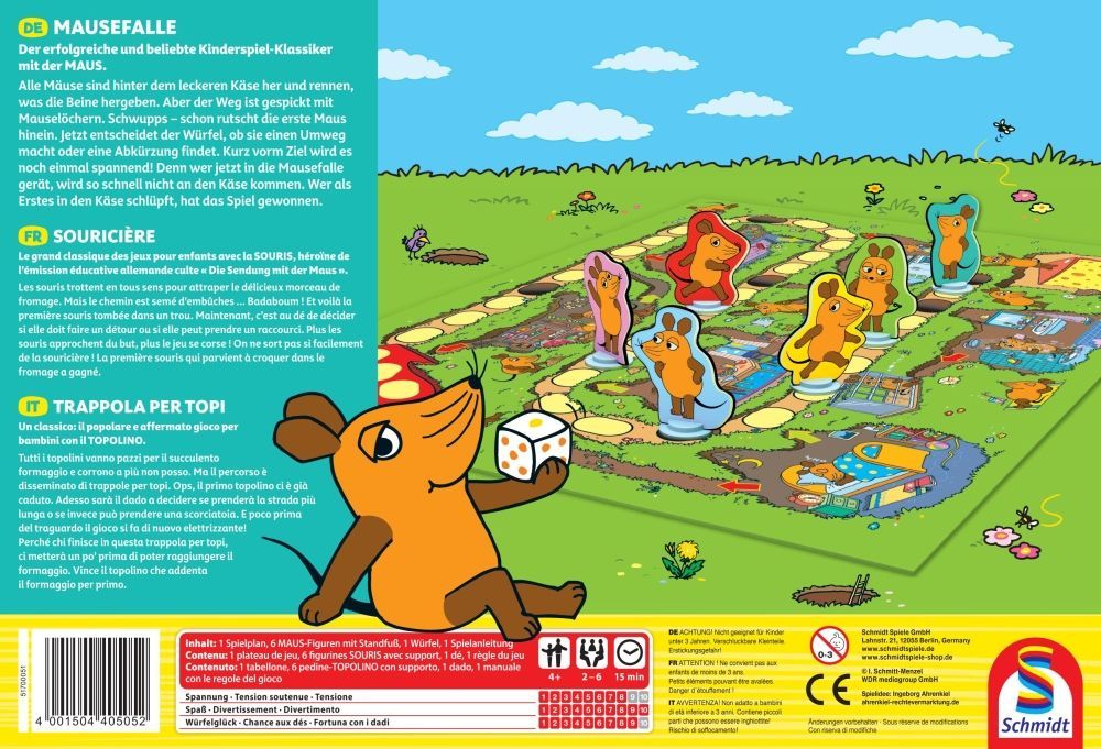 Kinderspiel Die Mausefalle mit Mausfigur, Spielplan und Würfel