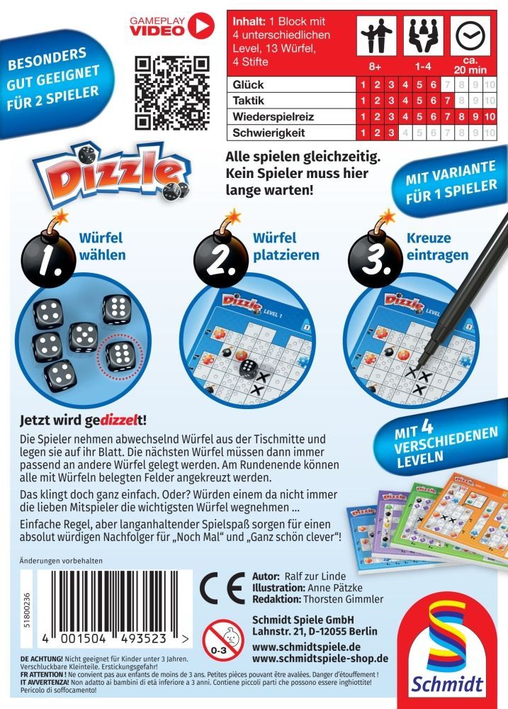 Dizzle Würfelspiel mit Spielblock und farbigen Würfeln für 1–4 Spieler
