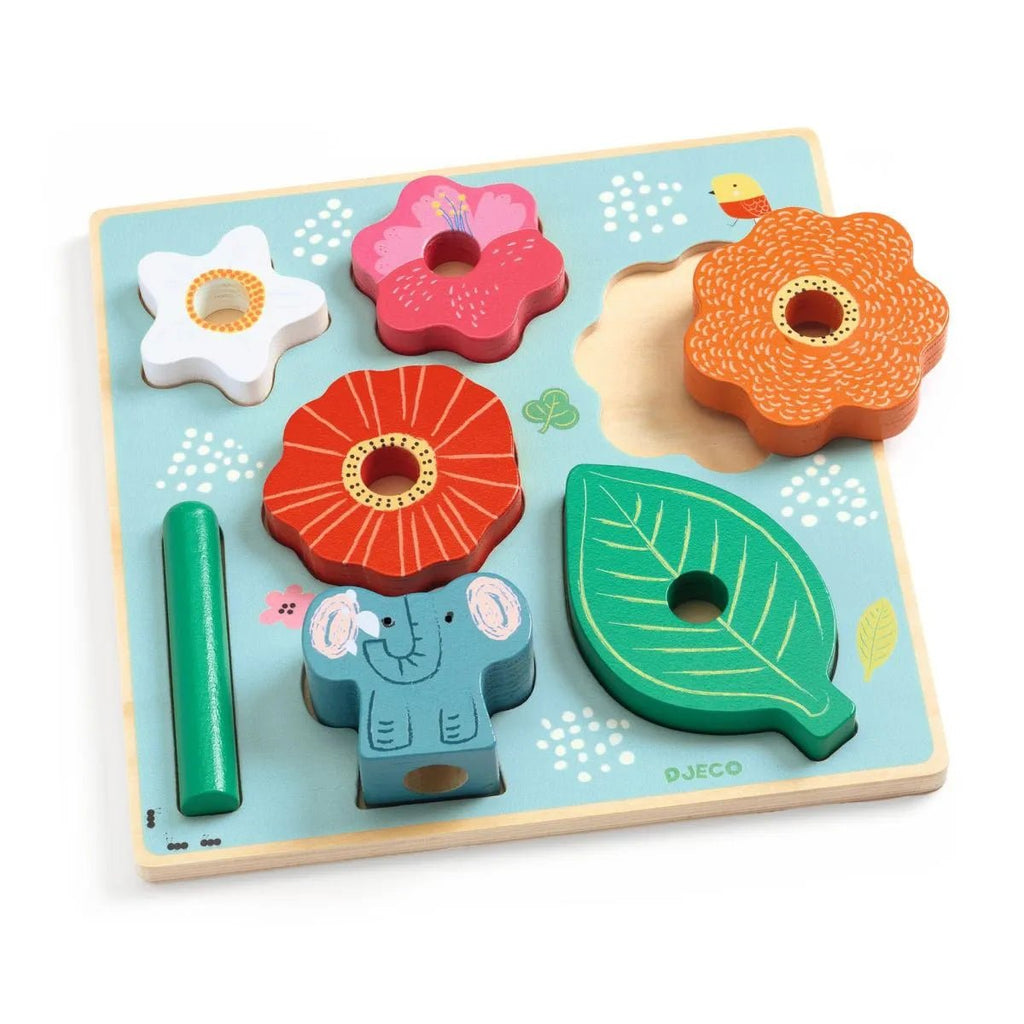 Djeco Holz Steckpuzzle – 2in1 Blumen & Elefant Stapelspiel
