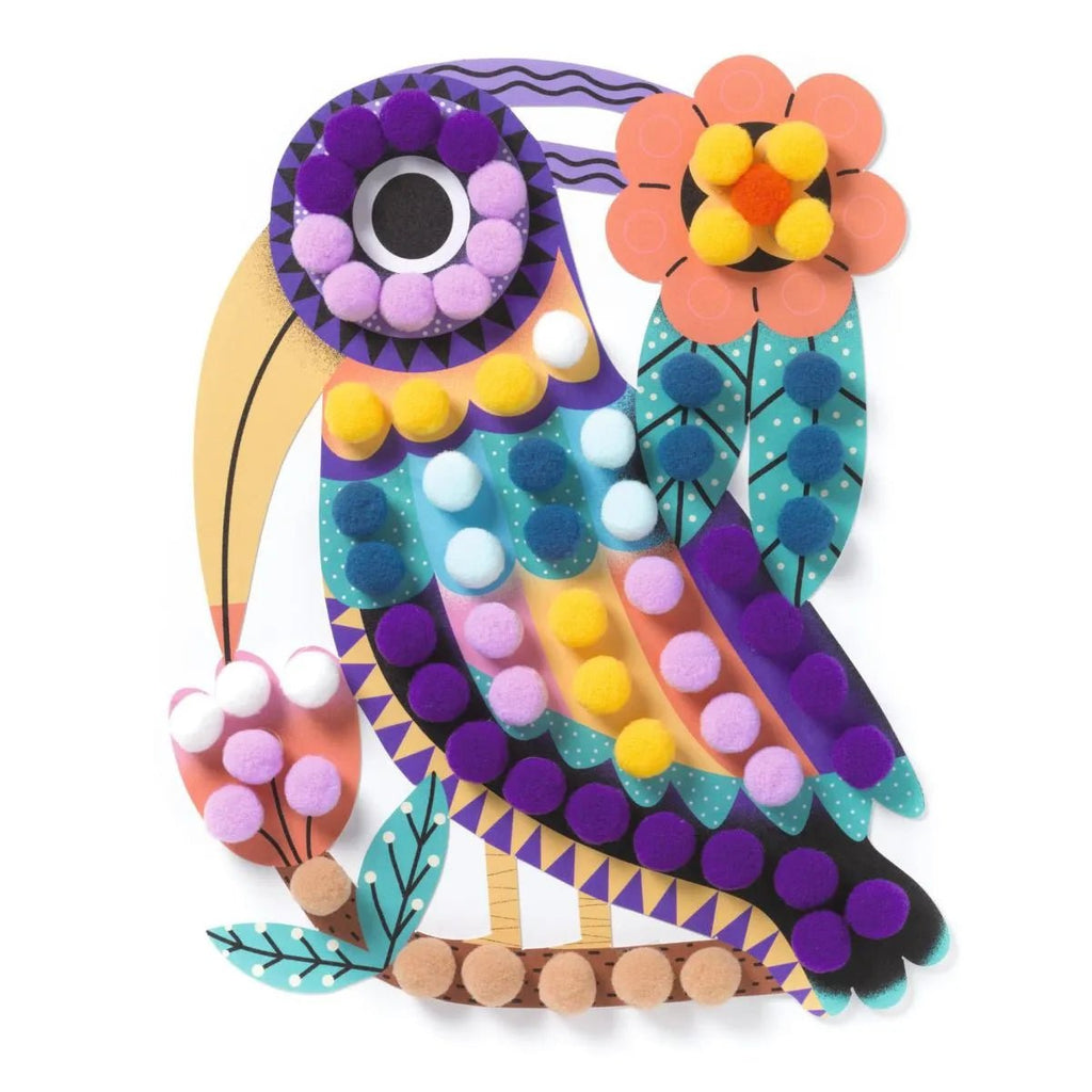 Bunte Bommel zum Aufkleben aus dem Djeco Vogel Collageset
