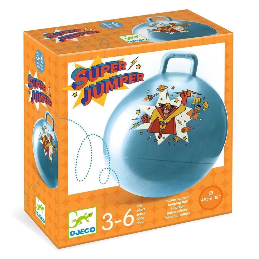 Djeco Hüpfball – robuster PVC Ball mit Griff & Heldenmotiven
