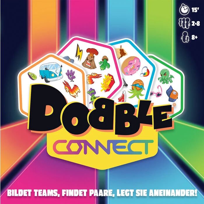 Dobble Connect Legespiel mit 90 Symbolkarten für 2 bis 8 Spieler
