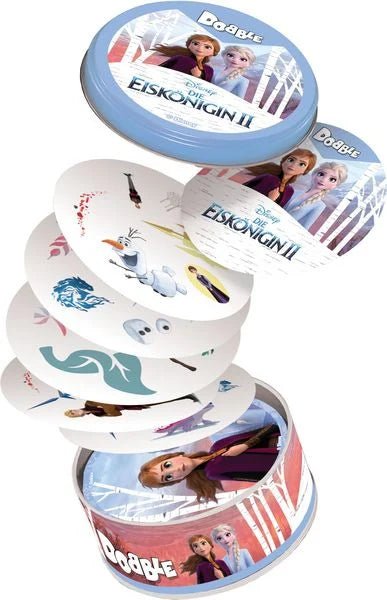Dobble Frozen II Spielverpackung mit Eiskönigin-Motiven

