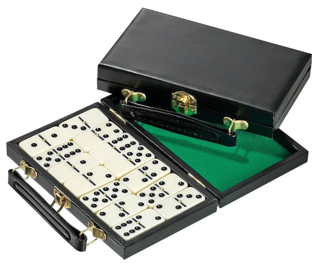 Domino Doppel 6 in grüner Klappkassette mit Tragegriff, 28 Spielsteine