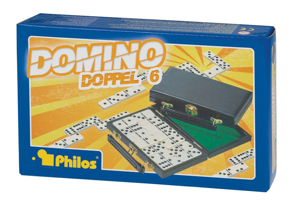 Domino Doppel 6 in grüner Klappkassette mit Tragegriff, 28 Spielsteine