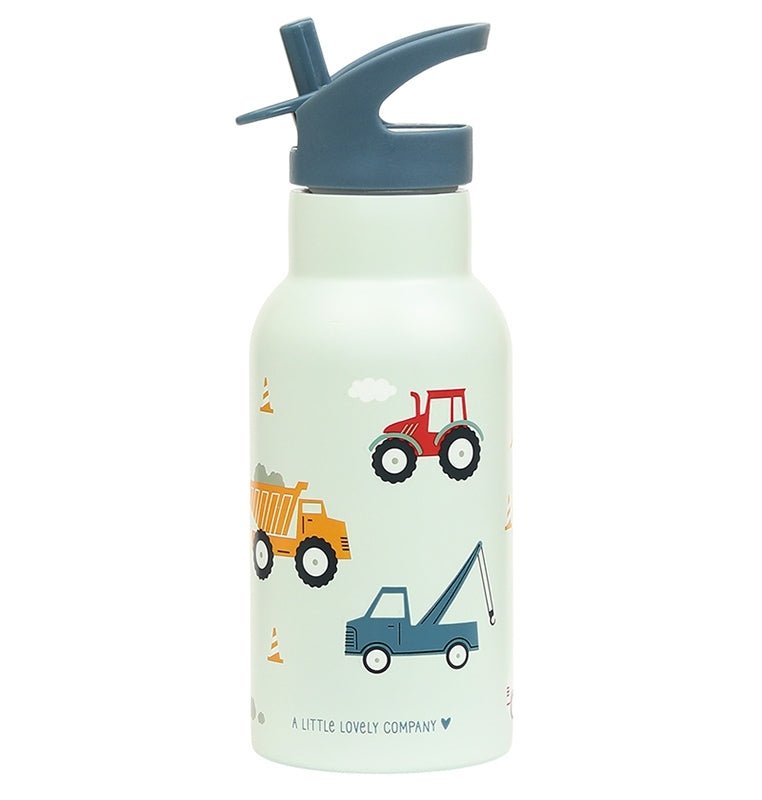 Edelstahl-Trinkflasche Fahrzeuge Kinder 350 ml, grau, mit Strohhalm