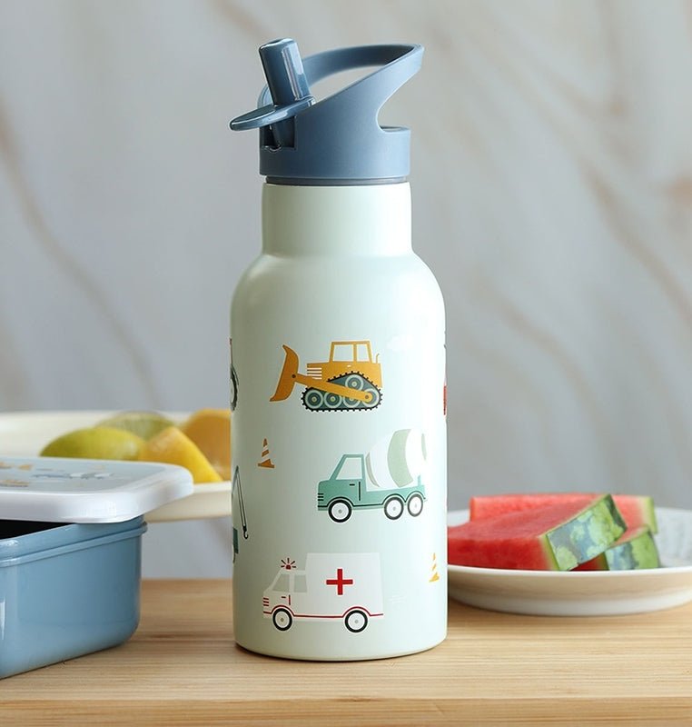 Edelstahl-Trinkflasche Fahrzeuge Kinder 350 ml, grau, mit Strohhalm