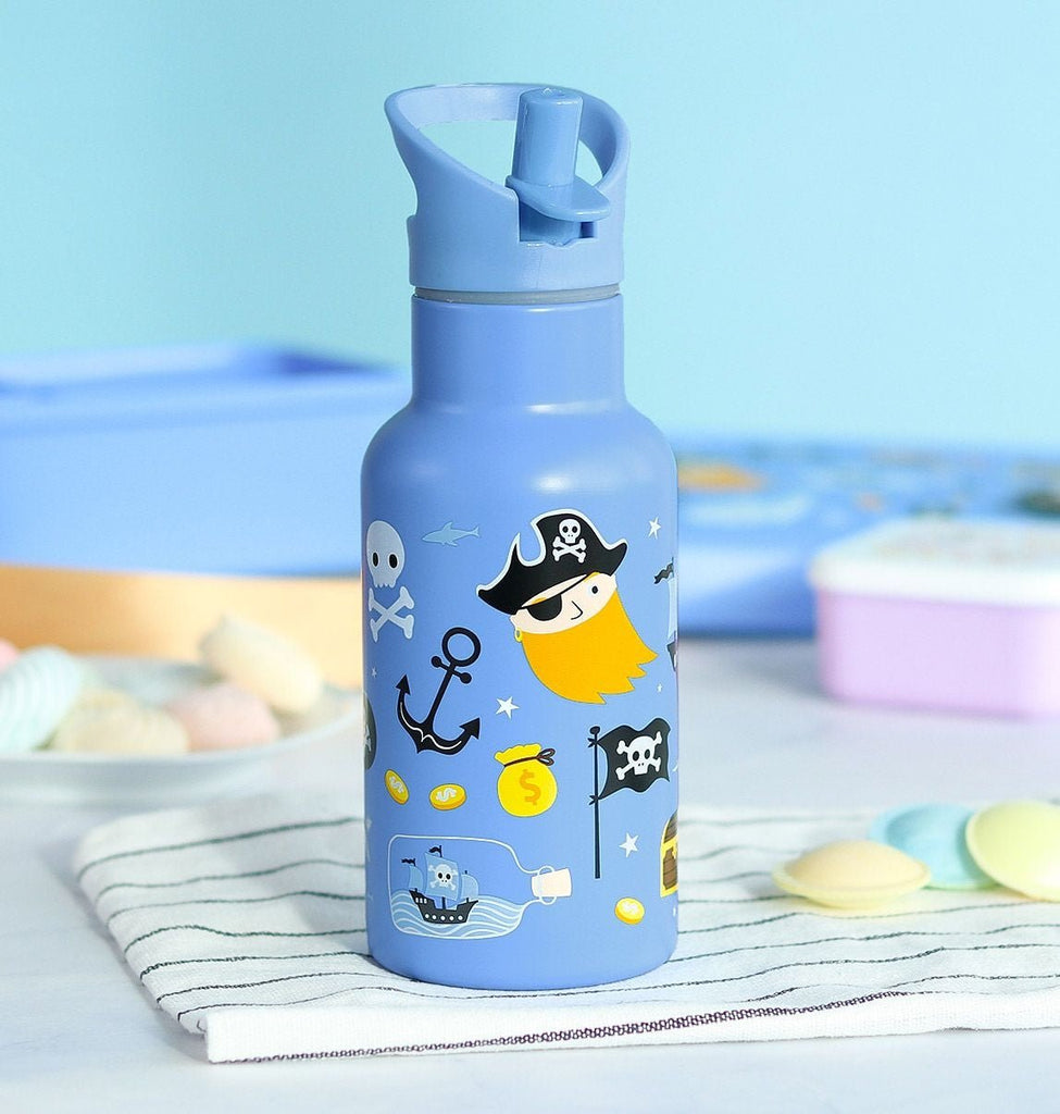 Blaue Edelstahl Kinderflasche Piratenmotiv mit Auslauf und Strohhalm
