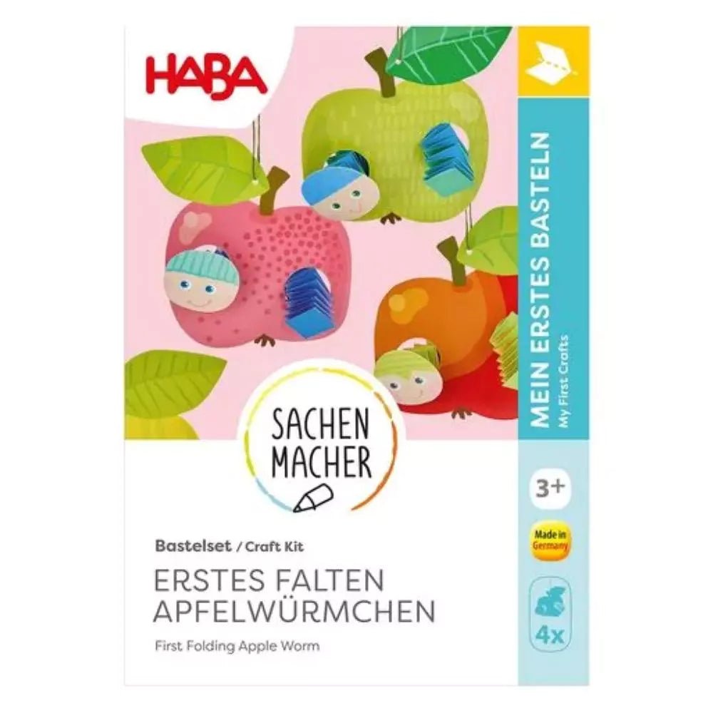 Bastelset Erstes Falten Äpfel mit allen Materialien auf weißem Hintergrund
