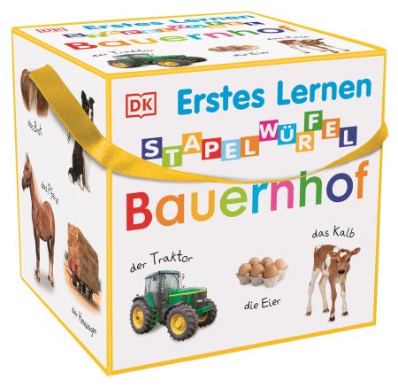 Stapelturm aus Kartonwürfeln mit realistischen Bauernhofbildern