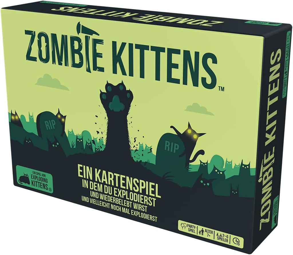 Exploding Kittens Zombie Kittens Kartenspiel auf weißem Hintergrund
