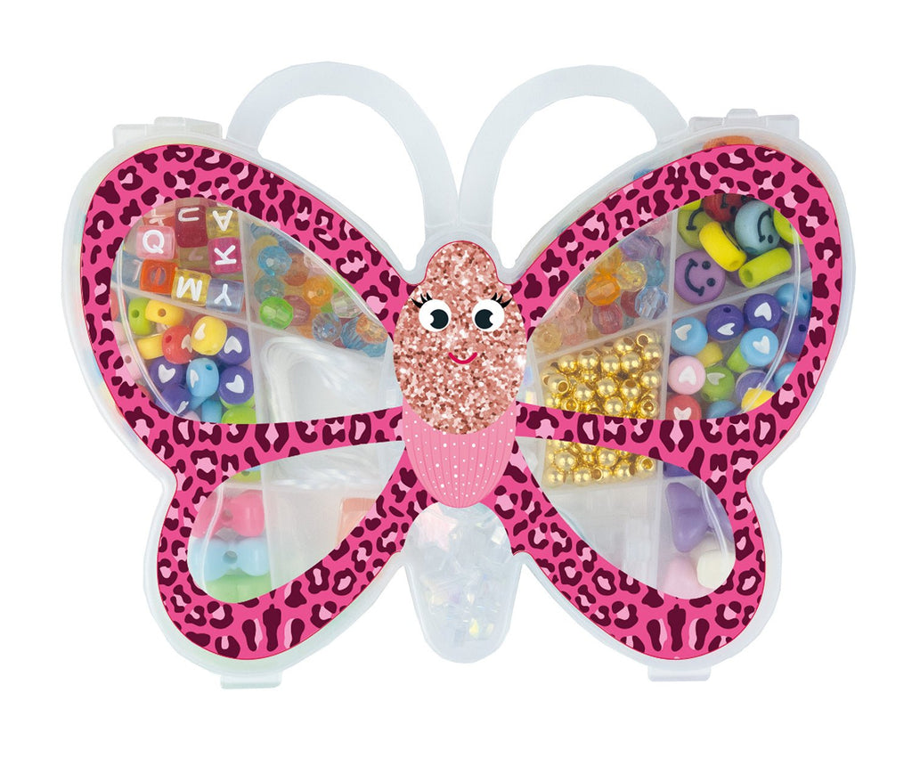 Fädelperlen Dose mit bunten Kunststoffperlen und Garnen
