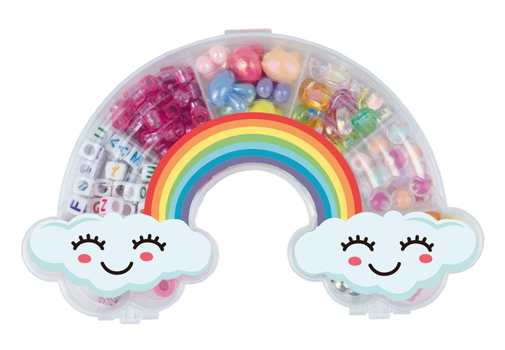 Fädelperlen Dose mit bunten Kunststoffperlen und Garnen
