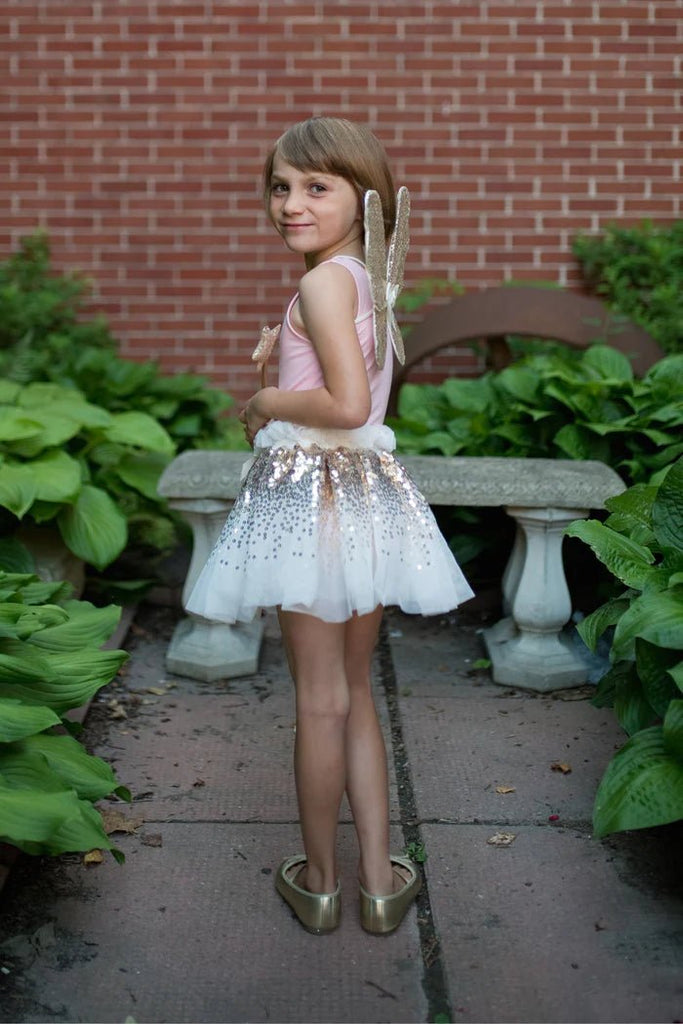 Mädchenkostüm Gold Sequins Set Tutu Flügel Zauberstab 4–6