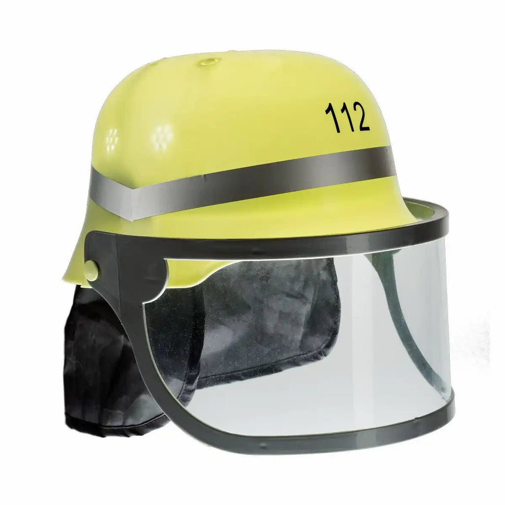 realistischer Idena Feuerwehrhelm Kinder mit Visier und Nackentuch gelb schwarz grau