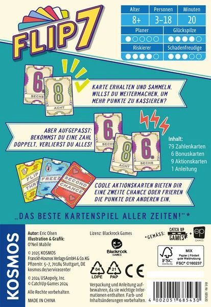 Flip 7 Spielkarten und Verpackung

