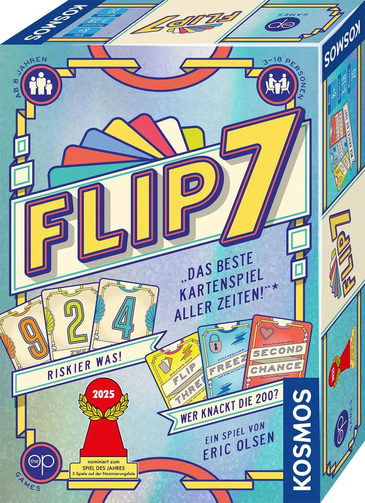 Flip 7 Kartenspiel von Eric Olsen auf weißem Hintergrund
