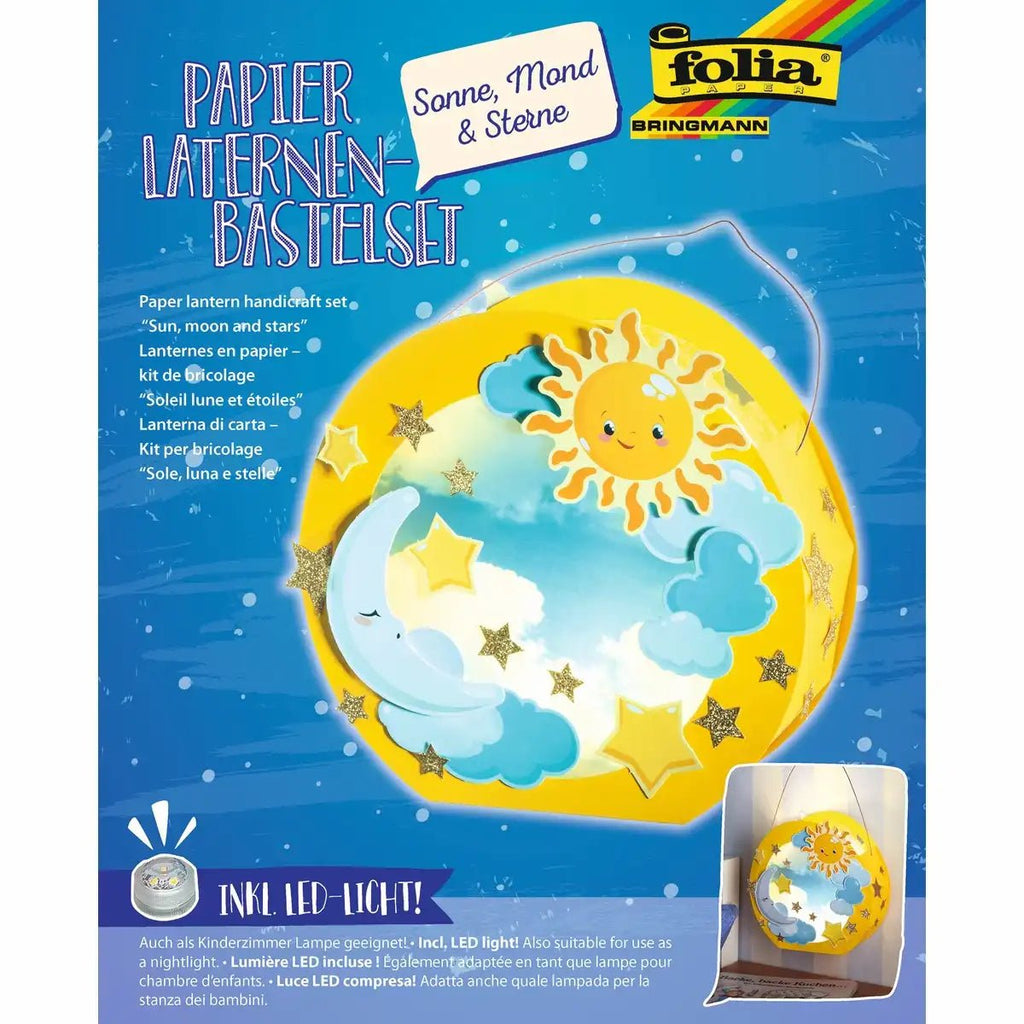 Kinderlaterne basteln mit Sonne Mond und Sternen Motiv
