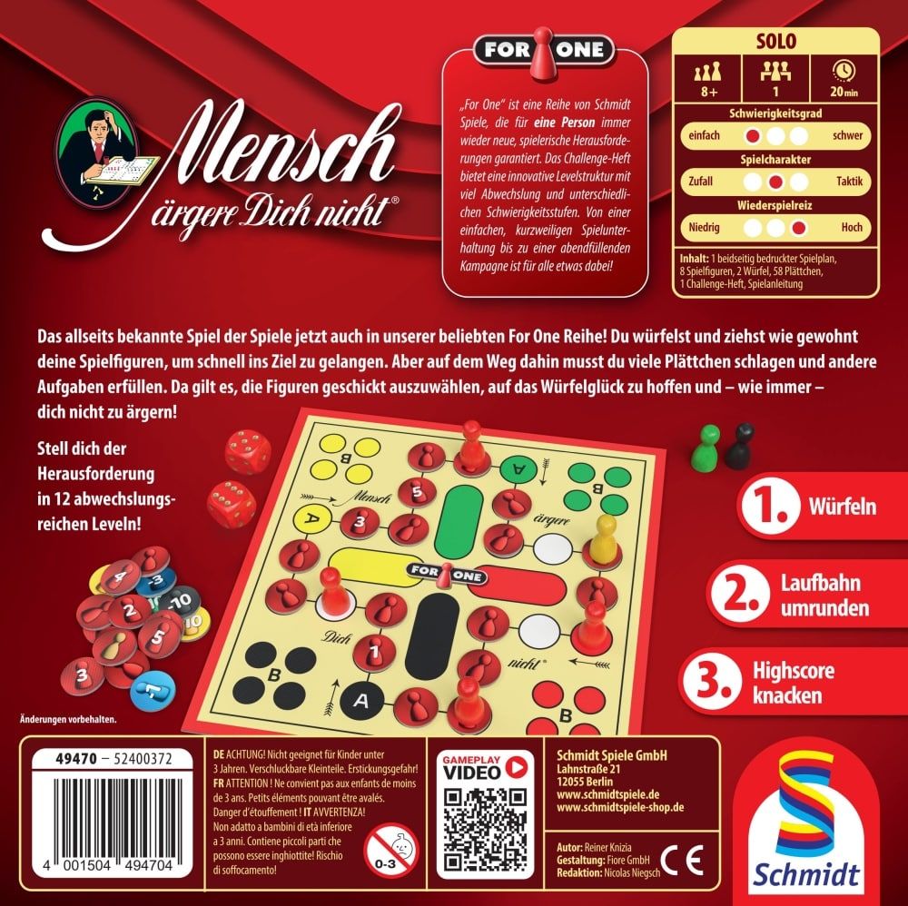 For One Solo-Variante Mensch ärgere dich nicht, 10–15 Min Spielzeit, ab 8 Jahre